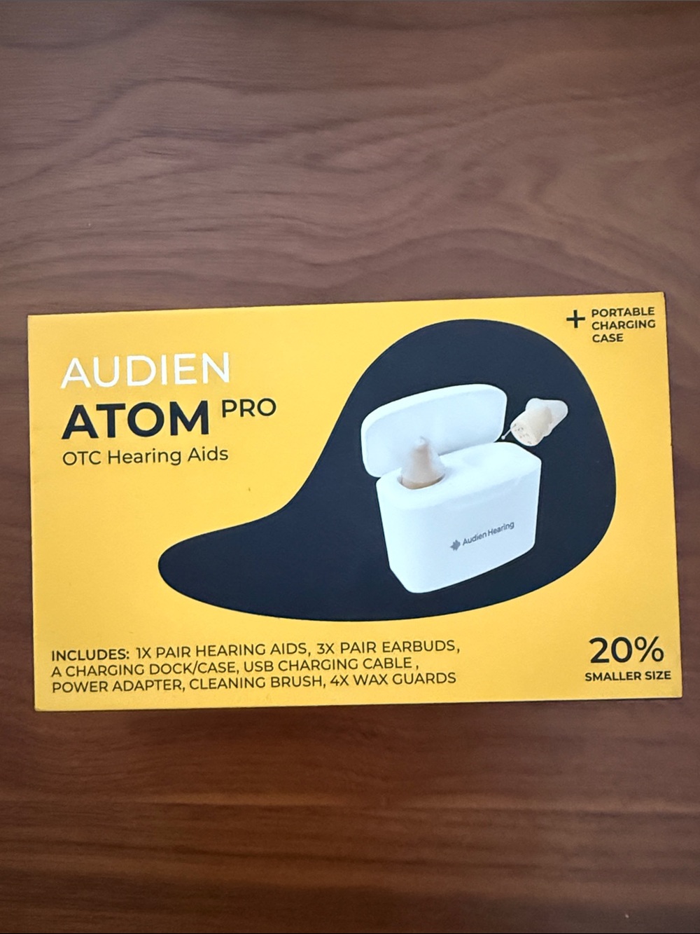 Audien Atom Pro Hearing Aid White Charging Case with accessories